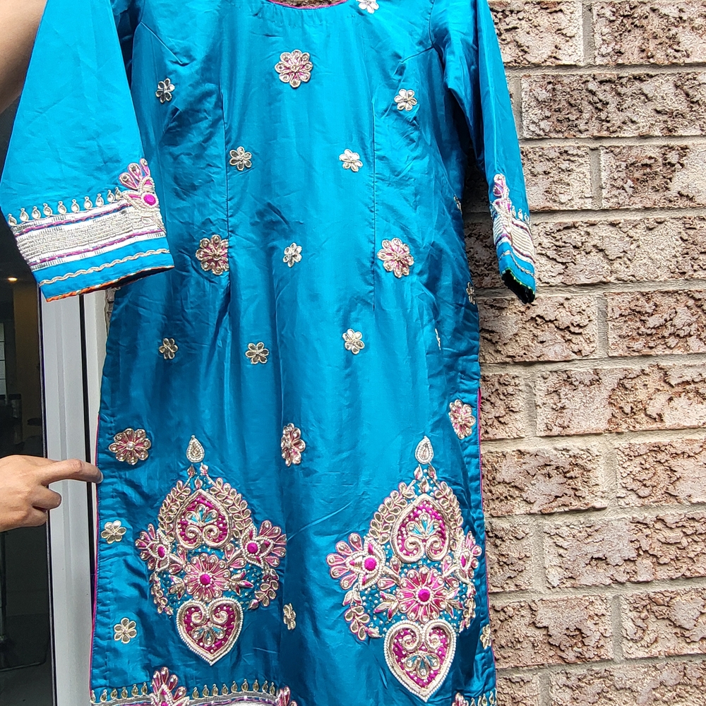 Embroidered Blue Dress with Pink Accents